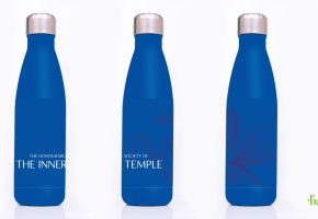 Mock up of the blue waterbottles with pegasus in the background and The Inner Temple wordmark at the bottom in white