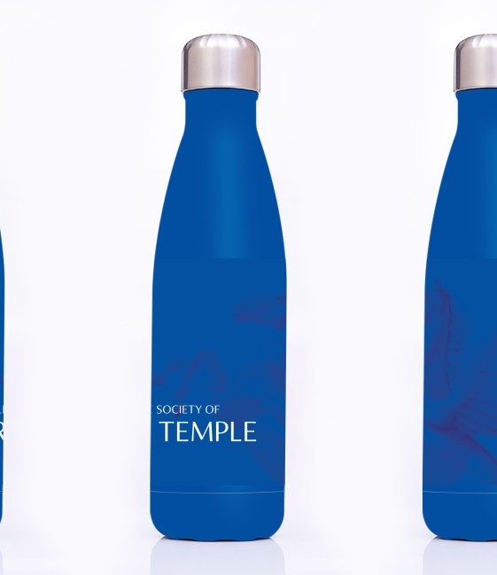 Mock up of the blue waterbottles with pegasus in the background and The Inner Temple wordmark at the bottom in white