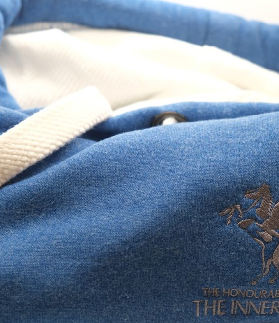 Blue and white hoodie with grey embroidered Pegasus and wordmark