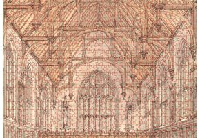 A line drawing of The Inner Temple Hall in sepia colours