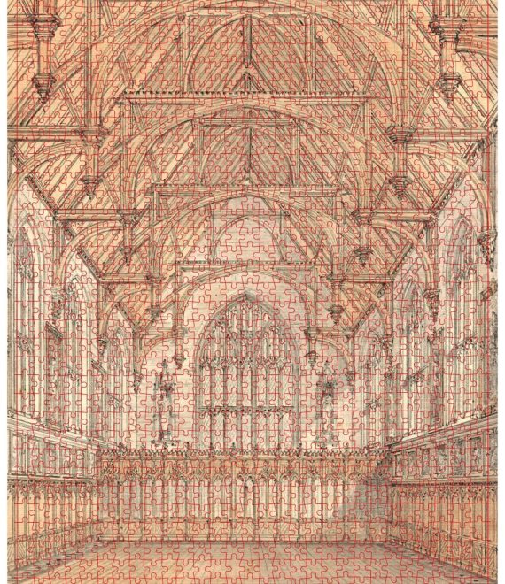 A line drawing of The Inner Temple Hall in sepia colours